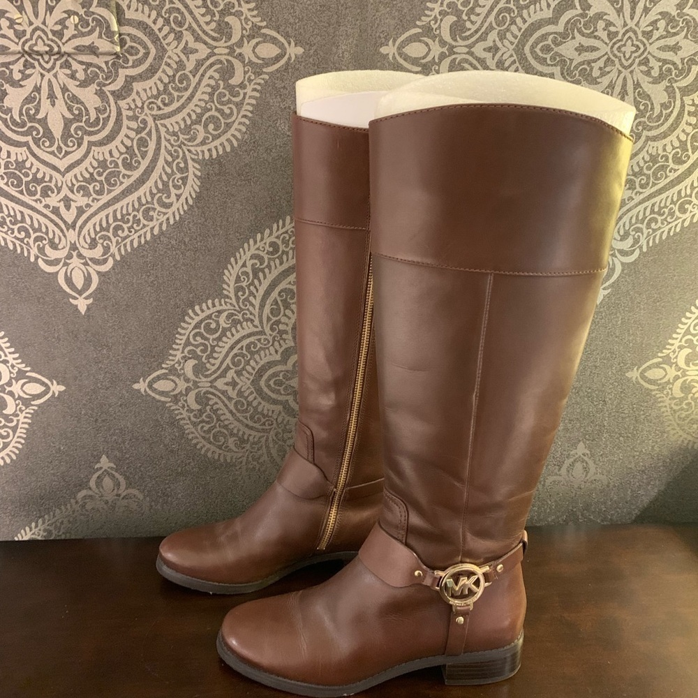 6.5 Michael Kors Fulton Harness BrownLeather Riding Boots - Picture 4 of 7